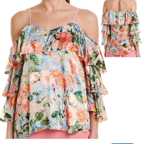 Alice + Olivia Tops - Alice + Olivia Graphic Embellished Sleeveless Blouse in Orange and Blue